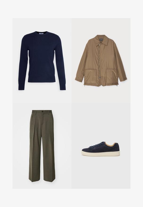 Pruunist voodriga jakk krae ja esitaskutega, ees lukuga kinnitamine ning kerge läikega. Lihtne kujundus ja lõdva istuvusega.; Tumedat navy-sinise värvi ümarkaelusega soojusjakid, mis on valmistatud pehmest kangast, pikkade varrukate ja ribakujulise alläärega. Pole nähtavaid mustreid ega kaunistusi.; Filippa K WIDE TROUSERS - Püksid - driftwood; Tumesinine sametist madal sneaker ümarate varvastega, off-white kummipõhi ja harmoneeruvad lingid; omaduseks kontrastne pruun sisemus.