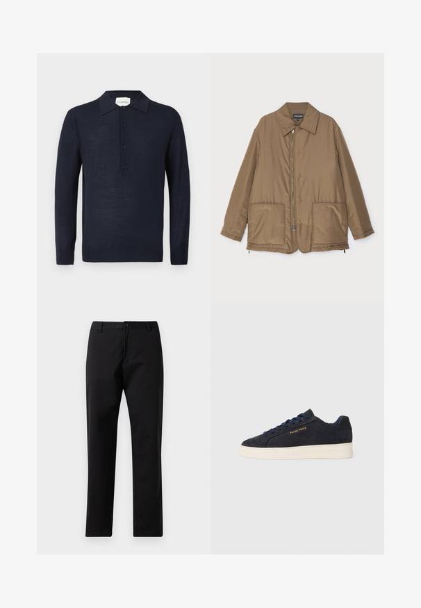 Bruine gewatteerde jas met een kraag, ritssluiting aan de voorkant, twee grote zakken en een lichte glans. Eenvoudig ontwerp met een ontspannen pasvorm.; Marineblauwe lange mouwen polo trui met knoopsluiting en geribde manchetten, weergegeven op een witte achtergrond.; Zwarte rechte broek met knoop- en ritssluiting, riemlussen en steekzakken, weergegeven op een witte achtergrond.; Navyblauwe suède lage sneakers met een witte zool, navy veters en het 'Filling Pieces' logo in goud op de zijkant.