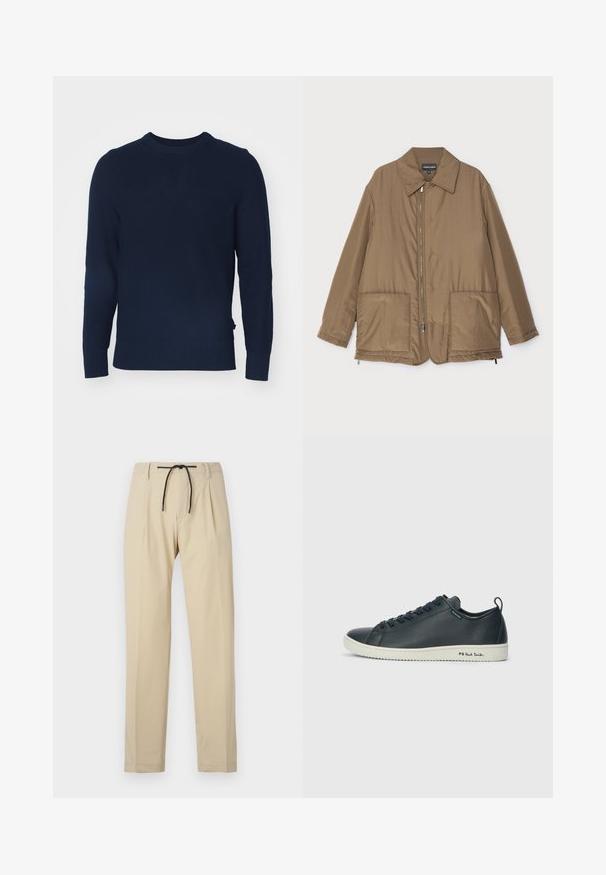 Geacă căptușită, de culoare maro, cu guler, fermoar frontal, două buzunare mari și un luciu subtil. Design simplu, cu o croială lejeră.; Pulover tricotat de culoare bleumarin, cu decolteu rotund, mâneci lungi, manșete și tiv din jersă, având un model texturat pe întreaga suprafață.; Pantaloni bej cu croială dreaptă, având talie cu șnur, față pliată și textură netedă. Design simplu și versatil.; Sneaker din piele navy închis, cu o finisare netedă, vârf rotund, șase orificii pentru șireturi și talpă din cauciuc alb contrastant. Prezintă branding pe lateral.