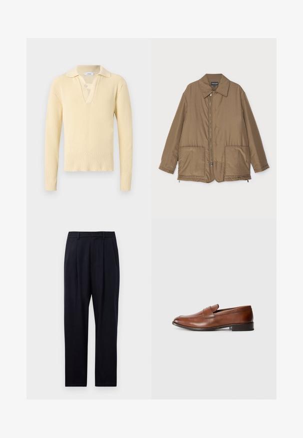 Braune gepolsterte Jacke mit Kragen, Reißverschluss vorne, zwei großen Taschen und leichter Glanz. Einfaches Design mit entspannter Passform.; Pastellgelbes, geripptes Sweatshirt mit kragenförmigem Ausschnitt, ausgestattet mit einem einzigen Knopfverschluss am Kragen und einem strukturierten Strickdesign.; Hose in Marineblau mit geradem Schnitt, aus strukturiertem Stoff, zwei vorderen Falten, Gürtelschlaufen und einem Reißverschluss.; Braune Lederloafers mit gerundeter Zehenform, minimaler Naht und niedrigem Blockabsatz. Verfügt über einen dekorativen Riemen über dem Spann.