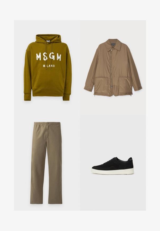 Brūns polsterēts mētelis ar apkakli, priekšpuses rāvējslēdzēja aizdare, divas lielas kabatas un nedaudz spīdīga virsma. Vienkāršs dizains ar brīvu piegriezumu.; Olīvzaļš kapucis ar "MSGM MILANO" tekstu baltā krāsā priekšā, ar priekšējo kangaroo kabatu un ar auklu regulējamu kapuci.; Khaki bikses, kas izgatavotas no viegla auduma. Tām ir elastīga josta, pogu aizdare, taisnas kājas un gluda tekstūra.; Melnas zamšas kedas ar auklām un kontrastējošu baltu gumijas zoli. Iekļauj teksturētas sānu panēles un diskretu zīmolu uz papēža.