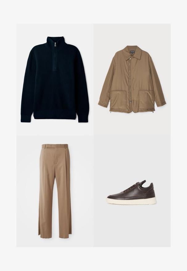 Rudas paminkštintas švarkas su apykakle, priekyje užtrauktuku, dviem didelėmis kišenėmis ir šiek tiek blizgesio. Paprastas dizainas su laisvu siluetu.; Tamsiai mėlyna aukšto kaklo megztinis su pusiau užtrauktuku, pagamintas iš raukšlėto audinio, turintis ilgus rankovės ir tiesų apatinį kraštą.; Šviesiai rudos pritaikytos kelnės su tiesiomis kojomis, diržo kilpos, priekinė siūlė ir paslėptas užsegimas, išdėstytos ant balto fono.; Tamsiai rudas tekstūruotas odinis sportbačius su raišteliais ir baltu grioveliu ant gumos pado, pateiktas ant šviesaus fono.