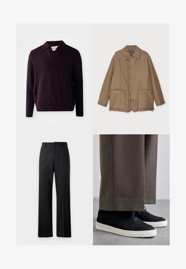 Brown padded jacket with a collared neck, front zip closure, two large pockets, and slight sheen. Simple design with a relaxed fit.; Knit sweater in dark purple with a V-neck, long sleeves, and a textured finish. Features a classic collar and side label.; Black straight-leg trousers with belt loops, front button, and zipper closure, displayed against a plain white background.; Black suede sneakers with white rubber soles, featuring a rounded toe and laces, worn with gray tailored pants.