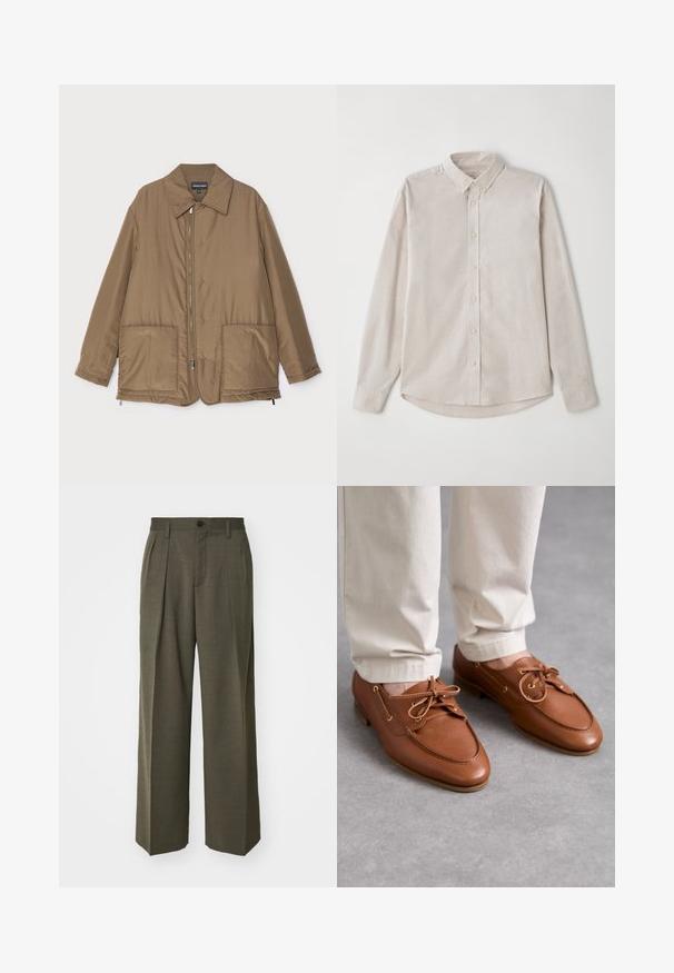 Giacca imbottita marrone con collo, chiusura frontale con zip, due grandi tasche e una leggera lucentezza. Design semplice con vestibilità rilassata.; Camicia beige chiaro a maniche lunghe realizzata in tessuto morbido. Presenta un colletto button-down e una chiusura frontale con bottoni, con un orlo curvo.; Filippa K WIDE TROUSERS - Pantaloni - driftwood; Bally PATHY - Stringate - deserto