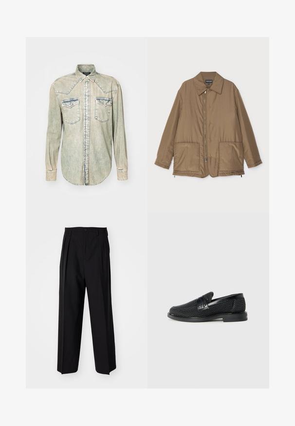 Giacca imbottita marrone con collo, chiusura frontale con zip, due grandi tasche e una leggera lucentezza. Design semplice con vestibilità rilassata.; Camicia di denim chiaro con maniche lunghe, colletto a punta, due tasche sul petto e cuciture a contrasto lungo le cuciture e i bordi.; Pantaloni neri a pieghe con un design dritto e gamba larga. Realizzati in tessuto morbido, con chiusura a bottone e passanti per cintura.; Scarpa nera a mocassino intrecciata con un accentuato in pelle liscia sulla parte superiore, design a punta rotonda e suola in gomma a profilo basso.