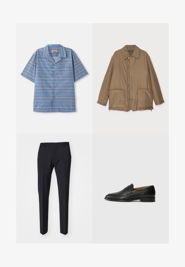 Barna steppelt dzseki, galléros nyakkal, elülső cipzárral, két nagy zsebbel és enyhe fényességgel. Egyszerű dizájn, laza szabással.; Rövid ujjú, gombos ing kék, fehér és lila zig-zag mintával és túrázó gallérral, fehér háttérre fektetve.; Sötét tengerészkék, slim fit nadrág. Sima, texturált anyagból készült, lapos elülső résszel, övhurkokkal és oldalsó zsebekkel rendelkezik.; Fekete bőr mokaszin, kerek orral, diszkrét varrásokkal és alacsony sarokkal, sima felülettel és minimalista dizájnnal.