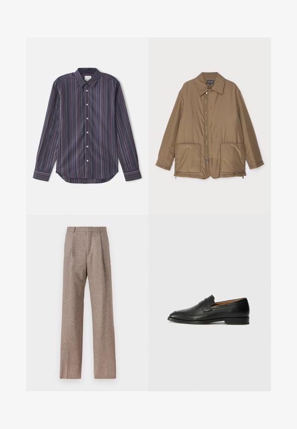 Bruine gewatteerde jas met een kraag, ritssluiting aan de voorkant, twee grote zakken en een lichte glans. Eenvoudig ontwerp met een ontspannen pasvorm.; Gestreept overhemd met lange mouwen in donkerblauw, voorzien van verticale lijnen in rood, oranje en paars. Heeft een knoopsluiting bij de kraag en witte knopen.; Bruine, hooggewaisted broeken van een gestructureerde stof. Heeft wijde benen en twee voorplooien voor extra structuur. Net afgewerkt zonder zichtbare hardware.; Zwarte leren instapper met een ronde neus, subtiele stikdetails en een lage hak, met een gladde textuur en een minimalistisch ontwerp.