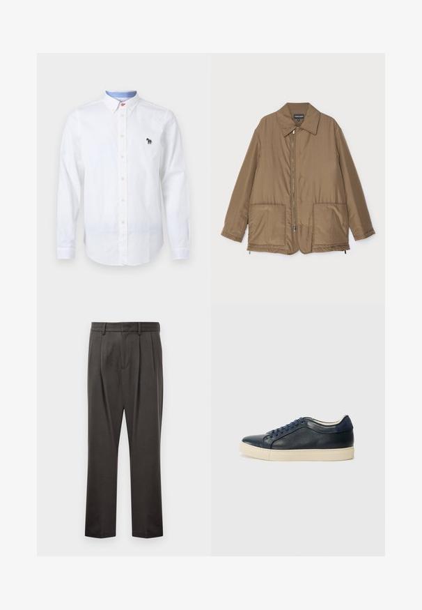 Hnědá zateplená bunda s límečkem, předním zipem, dvěma velkými kapsami a mírným leskem. Jednoduchý design s uvolněným střihem.; Bílá košile na knoflíky vyrobená z bavlny, s límečkem, dlouhými rukávy a vyšitým barevným logem zebry na hrudi.; Tmavě šedé kalhoty z texturované látky, s plochým předním dílem, sklady, rovnými nohavicemi a poutky na pásek. Bez viditelného kovového spojení nebo vzorů.; Námořnické modré kožené tenisky s krémovou gumovou podrážkou, s modrými tkaničkami a hladkým povrchem. Kulatá špička a minimalistický design.