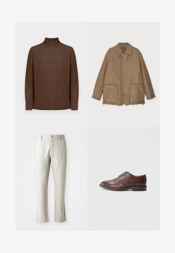 Giacca imbottita marrone con collo, chiusura frontale con zip, due grandi tasche e una leggera lucentezza. Design semplice con vestibilità rilassata.; Camicia marrone a maniche lunghe con bottoni, colletto e polsini, esposta in piano su uno sfondo bianco.; Pantaloni in lino beige chiaro con taglio dritto, sottile texture, chiusura frontale con bottone e due tasche laterali. Progettati per una silhouette pulita.; Scarpe formali da uomo in pelle marrone con lacci, dalla finitura liscia e tacco impilato su sfondo bianco.