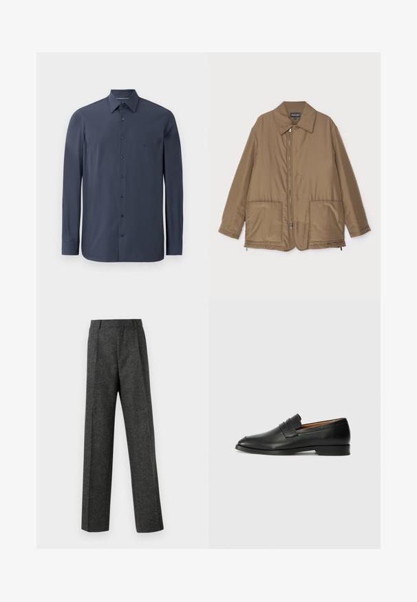 Ruskea pehmustettu takki kauluksella, edessä vetoketjukiinnitys, kaksi suurta taskua ja lievä kiilto. Yksinkertainen muotoilu rentolla istuvuudella.; Sininen pitkähihainen paita, valmistettu sileästä kankaasta, jossa on napillinen kaulus ja mustat napit edessä. Huomaamaton tekstuuridetalji näkyvissä.; Harmaat räätälöidyt housut, jotka on valmistettu teksturoidusta kankaasta, ja niissä on kaksi etutaskua ja suora lahjemuoto. Ei näkyviä taskuja tai koristeluja.; Musta nahkainen loafer, jossa on pyöreä kärki, hienovarainen ommelkoristelu ja matala korko, joka on varustettu sileällä pinnalla ja minimalistisella designilla.