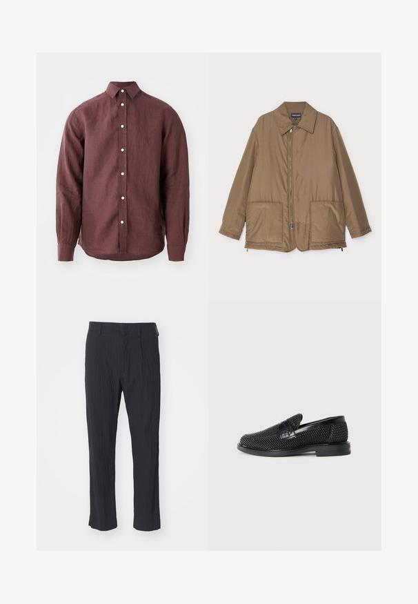Hnedá prešívaná bunda s golierom, predným zipsom, dvoma veľkými vreckami a jemným leskom. Jednoduchý dizajn s voľným strihom.; Bordová dlhá košeľa s dlhým rukávom vyrobená z textúrovanej tkaniny, ktorá má klasický golier, zapínanie na gombíky a gombíky v kontrastnej farbe.; Čierne plisované nohavice z textúrovanej látky, s rovno strihanými nohavicami a štandardným pásom. Bez viditeľných vreciek alebo kovania.; Čierne tkané slip-on topánky s hladkým koženým akcentom na vrchnej časti, s okrúlym dizajnom špičky a nízkoprofilovou gumovou podrážkou.