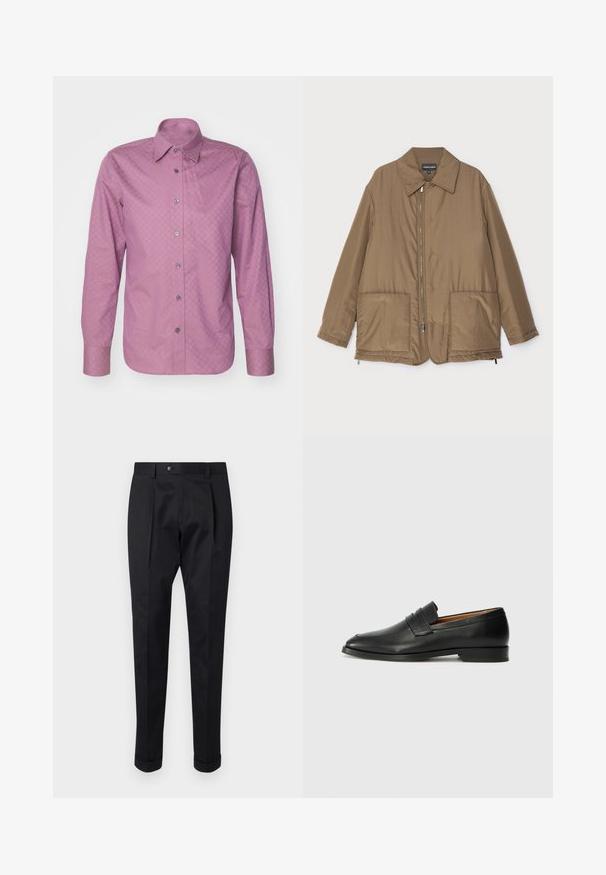 Rudas paminkštintas švarkas su apykakle, priekyje užtrauktuku, dviem didelėmis kišenėmis ir šiek tiek blizgesio. Paprastas dizainas su laisvu siluetu.; Ilgų rankovių marškiniai iš vientiso šviesiai rožinio audinio su subtiliu geometriniu raštu, su mygtukų apykakle ir metaliniais mygtukais.; Juodos kelnės pagamintos iš lygaus audinio, su raukšle priekyje, mygtuko uždarymu ir suknežintomis rankovėmis ties kulkšnimi.; Juodas odinis loaferis su apvaliu nosiu, subtiliomis siuvimo detalėmis ir žemu kulnu, pasižymintis lygia tekstūra ir minimalistiniu dizainu.
