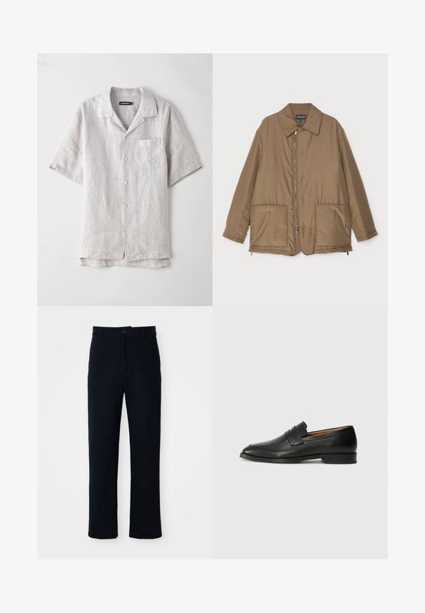 Braune gepolsterte Jacke mit Kragen, Reißverschluss vorne, zwei großen Taschen und leichter Glanz. Einfaches Design mit entspannter Passform.; Hemd aus leichtem grauem Leinen mit kurzen Ärmeln, spitzem Kragen, Fronttasche und vier Knöpfen in der Mitte. Glatte Textur, lockere Passform.; Dunkelblaue Baumwollhosen mit geradem Bein, einem Frontknopfverschluss und einem klassischen Bund mit Gürtelschlaufen.; Schwarze Leder-Slipper mit runder Zehenform, dezenten gestickten Details und niedrigem Absatz, ausgestattet mit glatter Textur und minimalistischem Design.