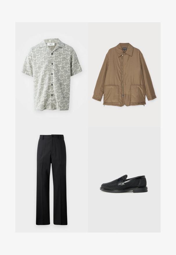 Brown padded jacket with a collared neck, front zip closure, two large pockets, and slight sheen. Simple design with a relaxed fit.; Short-sleeve shirt in light gray with a geometric white pattern. Features a notched collar and five black buttons down the front.; Black straight-leg trousers with belt loops, front button, and zipper closure, displayed against a plain white background.; Black woven slip-on shoe with a smooth leather accent on the upper, a round toe design, and a low-profile rubber sole.