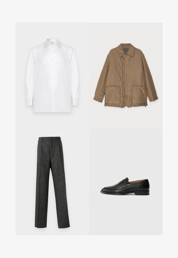 Brown padded jacket with a collared neck, front zip closure, two large pockets, and slight sheen. Simple design with a relaxed fit.; White long-sleeve button-up shirt made of smooth fabric, featuring a standard collar and a row of pearl-like buttons along the front.; Gray tailored trousers made of textured fabric, featuring two front pleats and a straight-leg design. No visible pockets or embellishments.; Black leather loafer with a rounded toe, subtle stitched detailing, and a low heel, featuring a smooth texture and minimalist design.