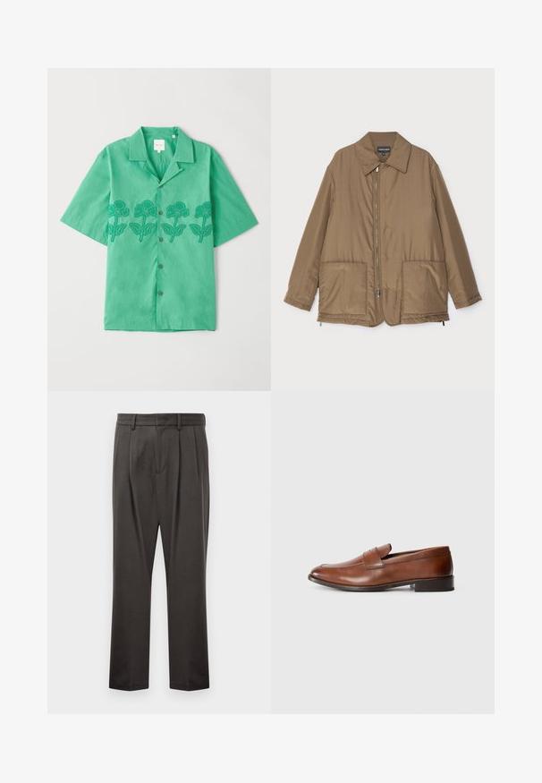 Bruine gewatteerde jas met een kraag, ritssluiting aan de voorkant, twee grote zakken en een lichte glans. Eenvoudig ontwerp met een ontspannen pasvorm.; Korte mouwen groene shirt van zachte stof, voorzien van bloemenborduursels in donkergroen aan de voorkant, knoopsluiting en klassieke kraag.; Donkergrijze broeken van een textuurstof, met een vlakke voorkant, plooien, rechte pijpen en riemlussen. Geen zichtbare hardware of patronen.; Bruid leren instappers met een ronde neus, minimale stiksels en een lage blokhak. Kenmerkt zich door een decoratieve band over de wreef.