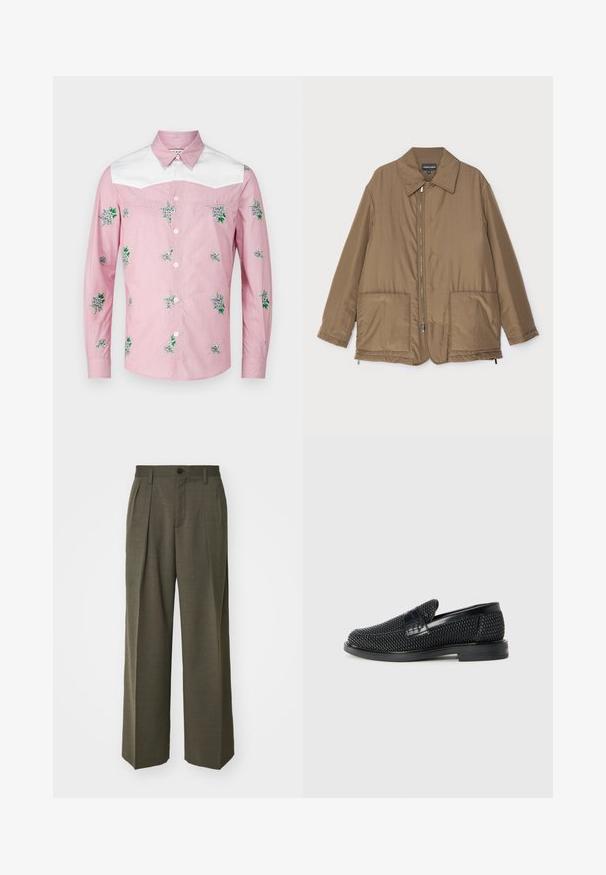 Brun vadderad jacka med krage, framzip, två stora fickor och lätt glans. Enkel design med en avslappnad passform.; Långärmad skjorta i rosa och vitt. Har blommig broderi och en vit krage. Tillverkad av ett lätt tyg med knapplist framtill.; Filippa K WIDE TROUSERS - Tygbyxor - driftwood; Svart vävd slip-on sko med en slät läderdetalj på ovansidan, med rund tådesign och en låg gummisula.