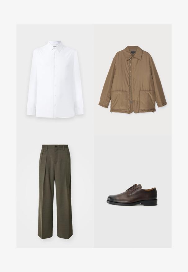 Barna steppelt dzseki, galléros nyakkal, elülső cipzárral, két nagy zsebbel és enyhe fényességgel. Egyszerű dizájn, laza szabással.; Fehér, hosszú ujjú ing, sima anyagból, klasszikus gallérral, elöl gombos záródással és testhezálló fazonnal. Nincsenek látható minták.; Filippa K WIDE TROUSERS - Nadrágok - driftwood; Barna bőr cipő, lekerekített orral, alacsony sarokkal, fűzős kialakítással és sima felülettel. Jellemzi a minimális varrás és a fényes kivitel.