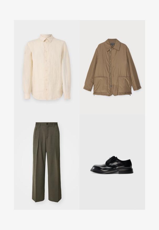 Giacca imbottita marrone con collo, chiusura frontale con zip, due grandi tasche e una leggera lucentezza. Design semplice con vestibilità rilassata.; Camicia a maniche lunghe in lino beige chiaro, con chiusura a bottoni sul davanti, colletto classico e orlo curvo. Tessuto liscio con una finitura netta.; Filippa K WIDE TROUSERS - Pantaloni - driftwood; Scarpa da uomo in pelle nera con punta arrotondata, finitura liscia, design con allacciatura e tacco impilato. Stile minimalista senza loghi visibili.