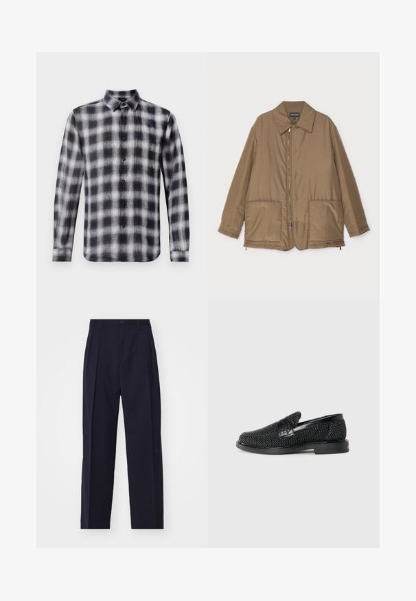 Pruunist voodriga jakk krae ja esitaskutega, ees lukuga kinnitamine ning kerge läikega. Lihtne kujundus ja lõdva istuvusega.; Musta-valge ruuduline särk, pika varrukaga, kraega, kergest kangast pehme tekstuuriga, millel on mustad nööbid.; Tumed sinine, kohandatud püksid sirge lõikega, voldid ees, nupuga sulgemine ja nähtamatud taskud. Sile kangas.; Must musta kootud slip-on king, millel on pehme nahast accent ülaserval, ümmargune varvas ja madal profiiliga kummitald.