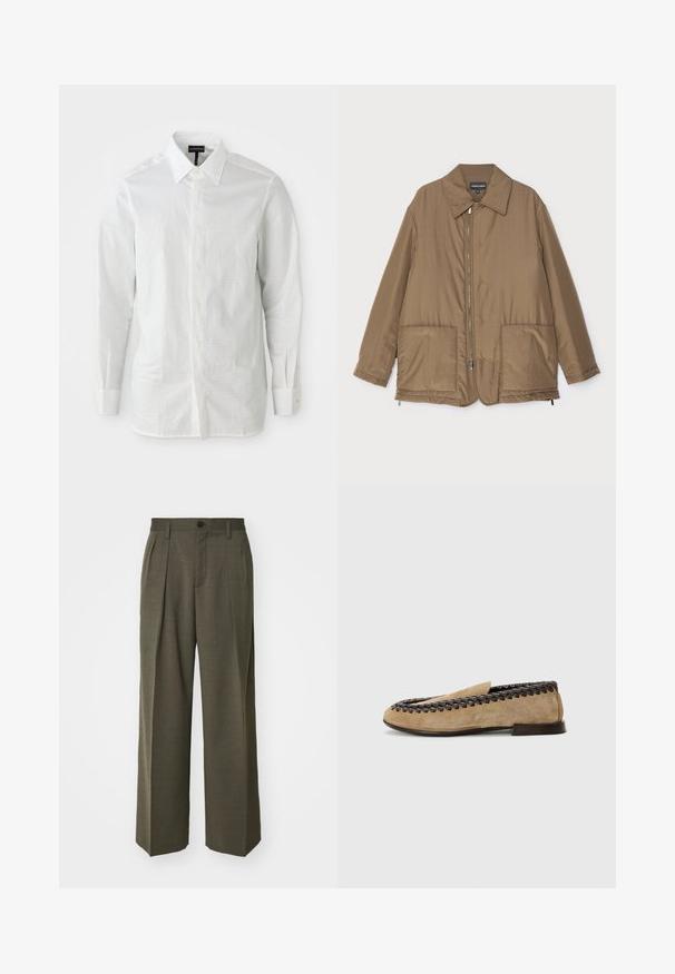 Pruunist voodriga jakk krae ja esitaskutega, ees lukuga kinnitamine ning kerge läikega. Lihtne kujundus ja lõdva istuvusega.; Valge pika varrukaga särk, mis on valmistatud kergest kangast, struktuurse kraega, ees nööpide rida ja peene tekstuuriga muster kangal.; Filippa K WIDE TROUSERS - Püksid - driftwood; The Antipode Jalga libistatavad jalanõud - taupe