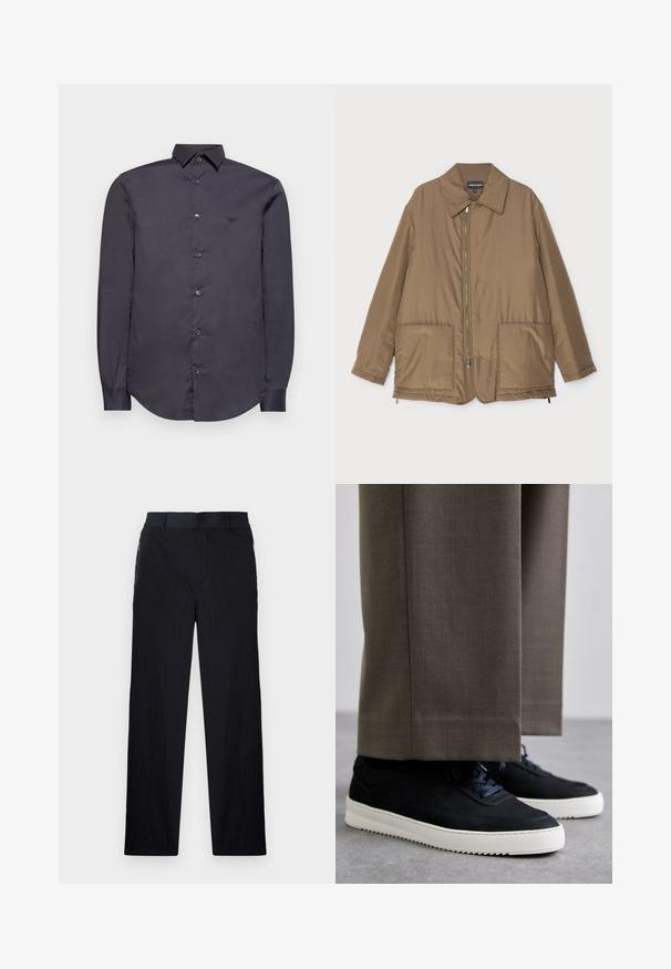 Giacca imbottita marrone con collo, chiusura frontale con zip, due grandi tasche e una leggera lucentezza. Design semplice con vestibilità rilassata.; Emporio Armani Camicia - phantom; Pantaloni neri realizzati in un tessuto leggero e strutturato, con taglio dritto, vita elasticizzata e tasche laterali con zip.; Sneakers in suede nera con suole in gomma bianca, dotati di punta tonda e lacci, indossati con pantaloni grigi su misura.