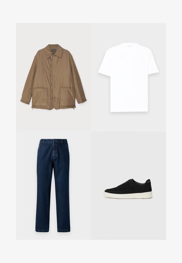 Rudas paminkštintas švarkas su apykakle, priekyje užtrauktuku, dviem didelėmis kišenėmis ir šiek tiek blizgesio. Paprastas dizainas su laisvu siluetu.; Balta medvilninė marška su apvalia iškirpte, trumpomis rankovėmis ir laisvu siluetu. Lygi tekstūra, minimalus dekoro, be raštų ar grafikos.; Tamsiai mėlyni džinsai su tiesia koja, mygtukų uždarymu ir dirželio kilpomis. Audinys turi subtilų tekstūrą ir klasikinius siuvimo akcentus.; Juodos veliūrinės sportinės bateliai su raištelių dizainu ir kontrastinga balta gumine padais. Yra tekstūruoti šoniniai skydeliai ir subtilus logotipas ant kulno.