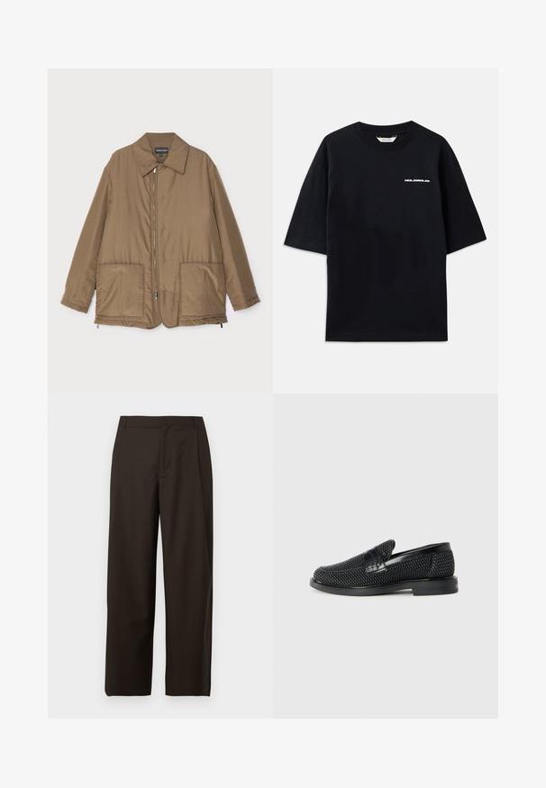 Bruine gewatteerde jas met een kraag, ritssluiting aan de voorkant, twee grote zakken en een lichte glans. Eenvoudig ontwerp met een ontspannen pasvorm.; Zwarte katoen T-shirt met korte mouwen, ronde hals en een klein wit "HOLZWEILER" logo op de voorkant, met een losse pasvorm.; Bruine wijd uitlopende broek gemaakt van een gladde stof, met een vlakke voorkant zonder zichtbare zakken of versieringen.; Zwartegeweven instap schoenen met een glad leren accent aan de bovenkant, een ronde neusontwerp en een laag profiel rubberen zool.