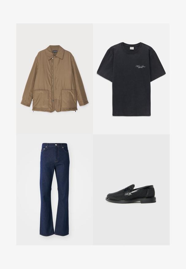 Chaqueta acolchada marrón con cuello camisero, cierre delantero con cremallera, dos grandes bolsillos y un ligero brillo. Diseño sencillo con un corte relajado.; Camisa de tirantes negra con cuello redondo y logo pequeño en blanco de "Filling Pieces" en el lado izquierdo del pecho.; Jeans acampanados de color azul oscuro fabricados en denim. Presentan cinco bolsillos, un cierre frontal con cremallera y un botón metálico. Acentos de costura clásica.; Zapato negro de tejido con un acento de cuero suave en la parte superior, diseño de punta redonda y suela de goma de perfil bajo.