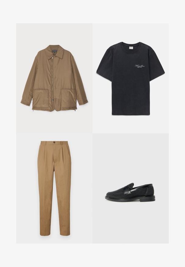 Veste rembourrée marron avec un col, fermeture zippée sur le devant, deux grandes poches et un léger éclat. Design simple avec une coupe décontractée.; T-shirt noir à manches courtes et col rond avec un petit logo « Filling Pieces » en blanc sur la poitrine gauche.; Pantalons plissés beiges à coupe droite, fabriqués dans un tissu lisse. Dotés d'une fermeture à bouton sur le devant et de poches latérales.; Chaussure slip-on tissée noire avec un accent en cuir lisse sur le dessus, un design à bout rond et une semelle en caoutchouc à profil bas.