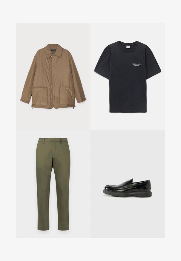 Bruine gewatteerde jas met een kraag, ritssluiting aan de voorkant, twee grote zakken en een lichte glans. Eenvoudig ontwerp met een ontspannen pasvorm.; Zwarte korte mouwen crew neck t-shirt met klein wit "Filling Pieces" tekstlogo op de linkerborst.; Olijfgroene rechtlijnige broeken met riemlussen en een verborgen sluiting aan de voorkant op een witte achtergrond.; Zwarte leren instapper met een glanzende afwerking, een ronde neus, subtiele stiksels en een dikke rubberen zool voor duurzaamheid.