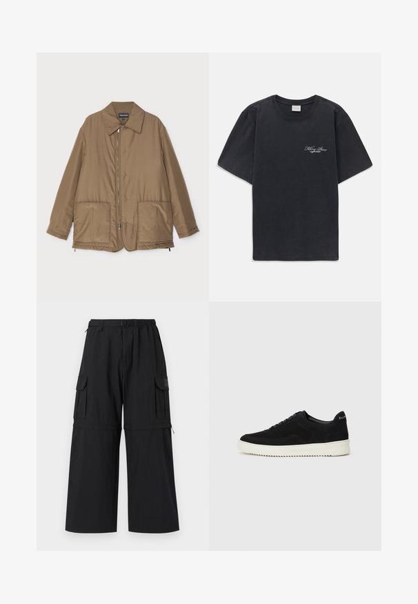 Pruunist voodriga jakk krae ja esitaskutega, ees lukuga kinnitamine ning kerge läikega. Lihtne kujundus ja lõdva istuvusega.; Must have lühikesed varrukad ümmarguse kaelusega must T-särk, millel vasakul rinnal on väike valge "Filling Pieces" teksti logo.; Mustad mustad püksid laia jalgadega, elastse vöökoha ja mitme küljetaskuga. Valmistatud kerge kangaga, millel on sile tekstuur.; Mustad suede jooksujalatsid, millel on paelad ja kontrastne valge kummitald. Omab tekstuuriga külgpaneele ja tagasihoidlikku brändimist kandadel.