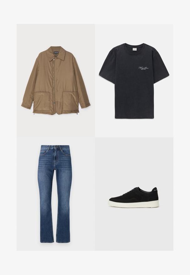 Brown padded jacket with a collared neck, front zip closure, two large pockets, and slight sheen. Simple design with a relaxed fit.; Black short-sleeve crew neck t-shirt with small white "Filling Pieces" text logo on the left chest.; Blue denim jeans with a straight-leg cut, featuring standard pockets and a stitched waistband, displaying a medium wash and subtle whiskering.; Black suede sneaker with lace-up design and contrasting white rubber sole. Features textured side panels and subtle branding on the heel.