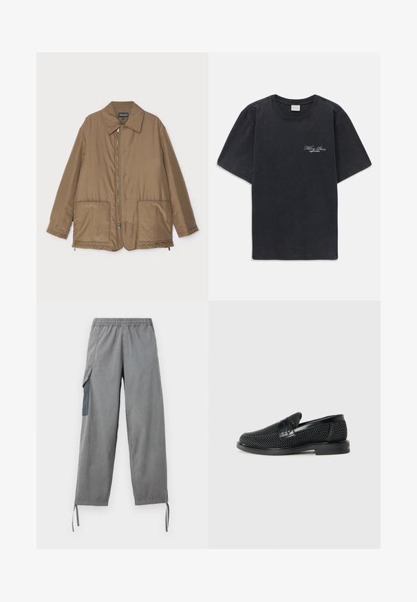 Bruine gewatteerde jas met een kraag, ritssluiting aan de voorkant, twee grote zakken en een lichte glans. Eenvoudig ontwerp met een ontspannen pasvorm.; Zwarte korte mouwen crew neck t-shirt met klein wit "Filling Pieces" tekstlogo op de linkerborst.; Grijze lichtgewicht cargobroek met een elastische tailleband, zijzak, verstelbare manchetten en een gladde textuur.; Zwartegeweven instap schoenen met een glad leren accent aan de bovenkant, een ronde neusontwerp en een laag profiel rubberen zool.