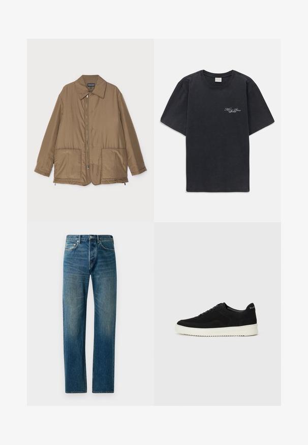 Brązowa pikowana kurtka z kołnierzem, zapinana na zamek z przodu, z dwiema dużymi kieszeniami i lekko błyszczącą powierzchnią. Prosty fason z luźnym krojem.; Czarna koszulka z krótkim rękawem i okrągłym dekoltem z małym białym logo "Filling Pieces" na lewej piersi.; Niebieskie dżinsy z prostymi nogawkami, w stylu pięciu kieszeni, z delikatnym wyblaknięciem i kontrastowymi przeszyciami.; Czarne zamszowe sneakersy z designem na sznurówki i kontrastującą białą gumową podeszwą. Posiadają teksturowane boczne panele oraz subtelne logo na pięcie.