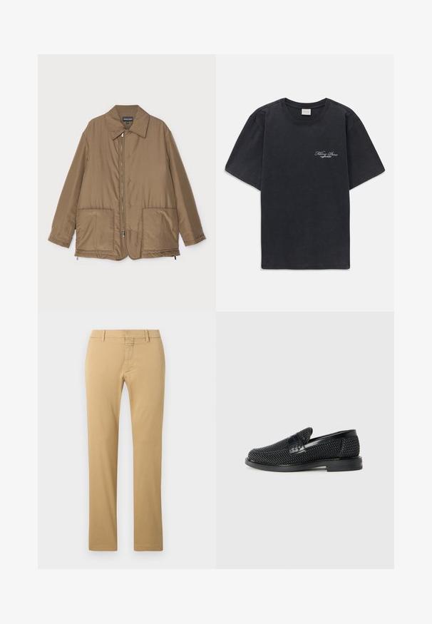 Bruine gewatteerde jas met een kraag, ritssluiting aan de voorkant, twee grote zakken en een lichte glans. Eenvoudig ontwerp met een ontspannen pasvorm.; Zwarte korte mouwen crew neck t-shirt met klein wit "Filling Pieces" tekstlogo op de linkerborst.; Beige katoenen chino's met een recht model, featuring een platte voorkant, riemlussen en een verborgen ritsluiting.; Zwartegeweven instap schoenen met een glad leren accent aan de bovenkant, een ronde neusontwerp en een laag profiel rubberen zool.
