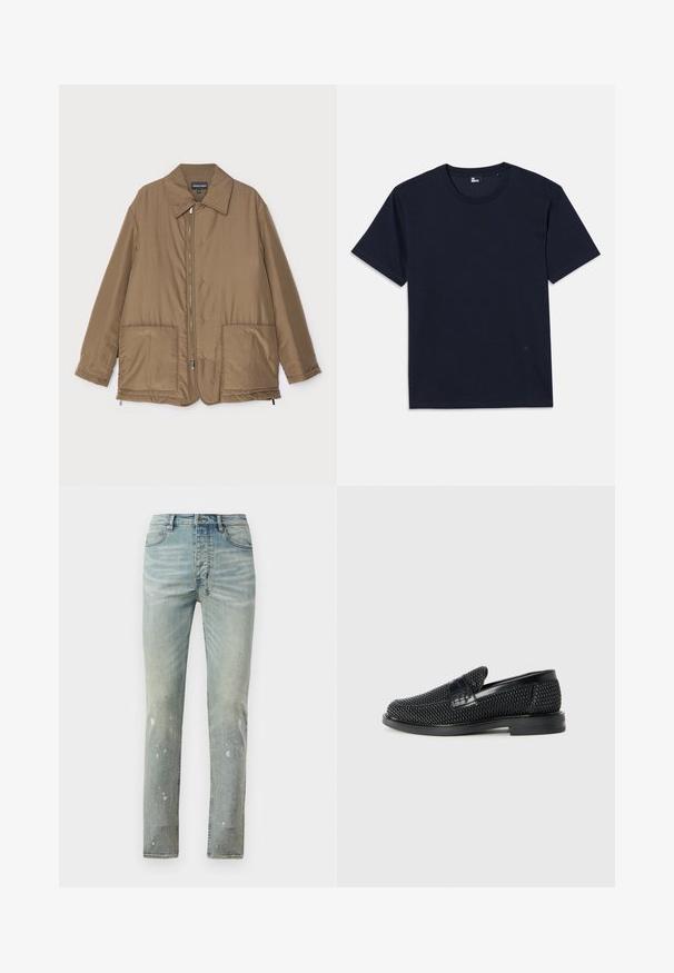 Pruunist voodriga jakk krae ja esitaskutega, ees lukuga kinnitamine ning kerge läikega. Lihtne kujundus ja lõdva istuvusega.; Tumed sinine puuvillane T-särk lühikeste varrukatega, ümmarguse kaeluse ja minimaalsete õmblusdetailidega. Lihtne disain ilma nähtavate mustrite või aktsentideta.; Heledsinine kõrge talje ja kitsas soe. Omab tuhmimaid piirkondi ja pritsimisdetailide esitlemist. Valmistatud denimist kontrastsete õmblustega.; Must musta kootud slip-on king, millel on pehme nahast accent ülaserval, ümmargune varvas ja madal profiiliga kummitald.