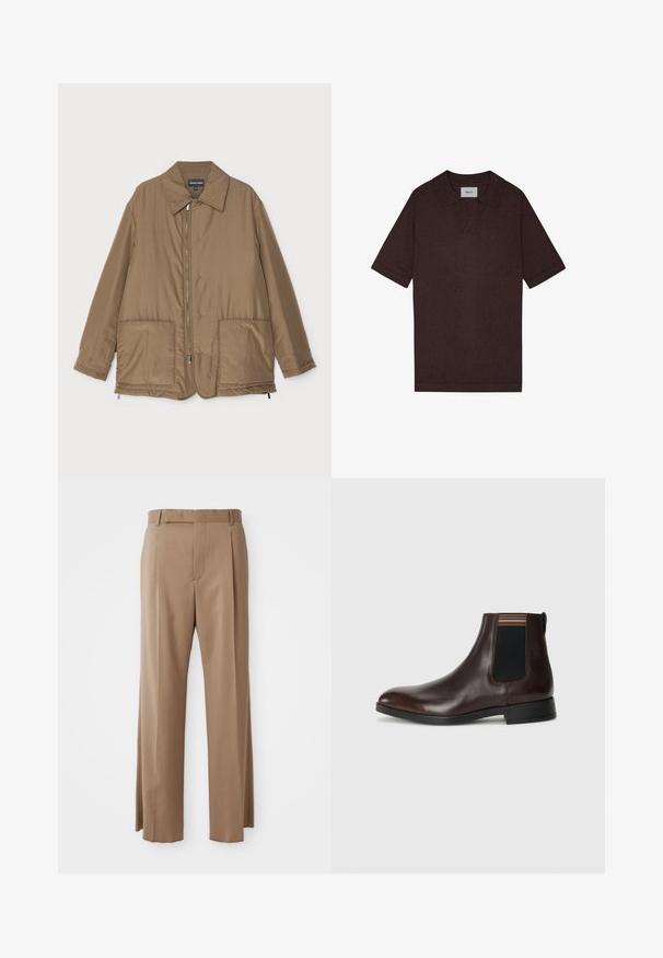 Ruskea pehmustettu takki kauluksella, edessä vetoketjukiinnitys, kaksi suurta taskua ja lievä kiilto. Yksinkertainen muotoilu rentolla istuvuudella.; Ruskea poolopaita, joka on valmistettu teksturoidusta kankaasta ja jossa on terävä kaulus sekä lyhyet hihat. Tunnuksessa lukee "NN. 07" kauluksessa.; Vaaleanruskeat räätälöidyt housut, joissa on suorat lahkeet, vyölenkit, etusauma ja piilovetoketju, esillä litteänä valkoista taustaa vasten.; Ruskea nahkainen Chelsea-saapas, jossa on sileä pinta, elastaanista valmistetut sivupaneelit ja monivärinen raidallinen yksityiskohta ylhäällä. Pyöristetty kärki ja musta pohja.