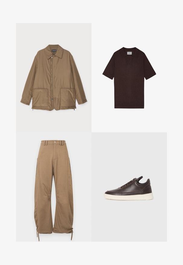 Ruskea pehmustettu takki kauluksella, edessä vetoketjukiinnitys, kaksi suurta taskua ja lievä kiilto. Yksinkertainen muotoilu rentolla istuvuudella.; Ruskea poolopaita, joka on valmistettu teksturoidusta kankaasta ja jossa on terävä kaulus sekä lyhyet hihat. Tunnuksessa lukee "NN. 07" kauluksessa.; Vaaleanruskeat cargo-housut, joissa on kaksi sivutaskua, rento istuvuus, kiristysnyörillä varustetut lahkeensuut ja vyötäröllä nappikiinnitys.; Tummanruskea teksturoitu nahkasneakeri, jossa on nauhakiinnitys ja valkoinen uritettu kumipohja, vaalealla taustalla.