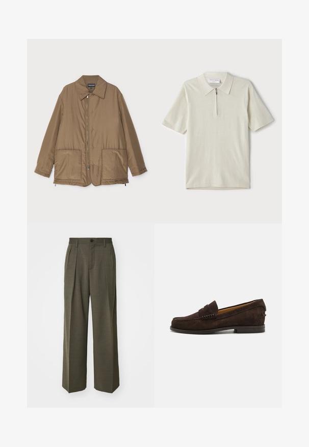 Veste rembourrée marron avec un col, fermeture zippée sur le devant, deux grandes poches et un léger éclat. Design simple avec une coupe décontractée.; Polo à manches courtes en beige clair avec un col zippé. Fabriqué en tissu lisse, il présente un design simple et moderne sans motifs.; Filippa K WIDE TROUSERS - Pantalon classique - driftwood; Mocassins en daim marron avec un bout rond, des détails cousus sur le dessus, et un petit talon empilé pour un design classique.