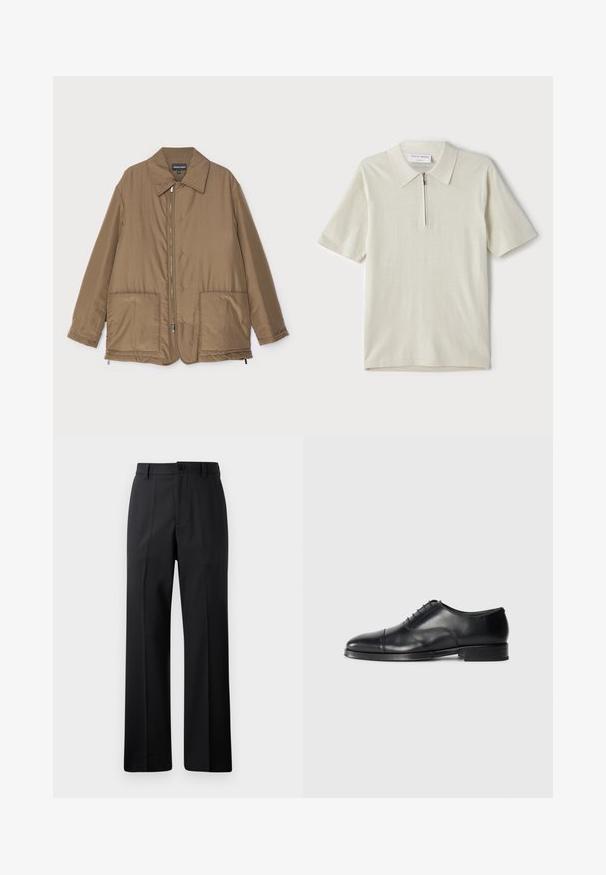 Veste rembourrée marron avec un col, fermeture zippée sur le devant, deux grandes poches et un léger éclat. Design simple avec une coupe décontractée.; Polo à manches courtes en beige clair avec un col zippé. Fabriqué en tissu lisse, il présente un design simple et moderne sans motifs.; Pantalon noir à jambes droites avec passants de ceinture, bouton avant et fermeture éclair, présenté sur un fond blanc uni.; Chaussure habillée en cuir noir avec un bout arrondi, une texture lisse, un design à lacets et un détail de couture subtil, dotée d'un petit talon plat.