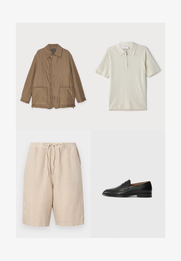 Veste rembourrée marron avec un col, fermeture zippée sur le devant, deux grandes poches et un léger éclat. Design simple avec une coupe décontractée.; Polo à manches courtes en beige clair avec un col zippé. Fabriqué en tissu lisse, il présente un design simple et moderne sans motifs.; Shorts en lin de couleur beige clair avec une taille élastique, un cordon de serrage réglable et des poches latérales. Texture lisse avec une coupe décontractée.; Mocassin en cuir noir avec un bout arrondi, des coutures subtiles et un talon bas, présentant une texture lisse et un design minimaliste.