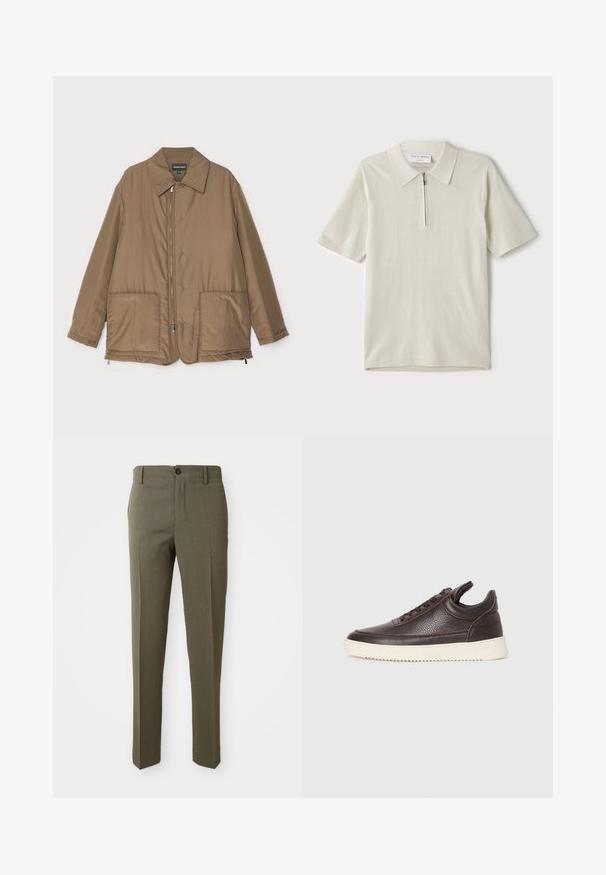 Geacă căptușită, de culoare maro, cu guler, fermoar frontal, două buzunare mari și un luciu subtil. Design simplu, cu o croială lejeră.; Tricou polo cu mânecă scurtă, de culoare bej deschis, cu guler cu fermoar. Confecționat dintr-un material fin, are un design simplu și modern, fără modele.; Pantaloni personalizați de culoare verde măslin, cu o textură netedă, croi drept, un singur buton frontal și buzunare laterale pentru funcționalitate.; Tenis din piele texturată, de culoare maro închis, cu șireturi în față și talpă din cauciuc alb, cu margini, pe un fundal deschis.