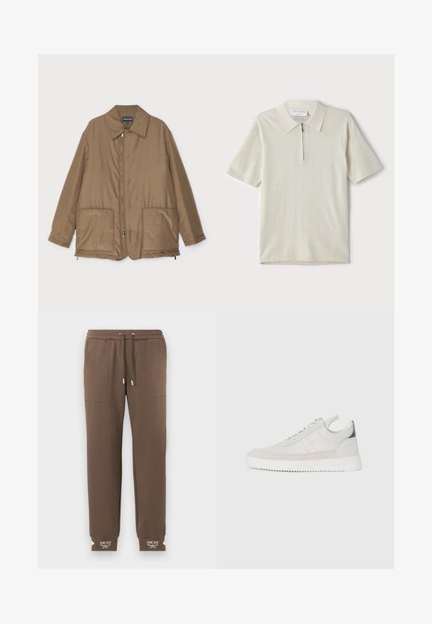 Brun vadderad jacka med krage, framzip, två stora fickor och lätt glans. Enkel design med en avslappnad passform.; Kortärmad polo i ljusbeige med dragkedja i kragen. Tillverkad av slätt tyg, har en enkel och modern design utan mönster.; Bruna smalnande träningsbyxor med elastisk midja, dragsko, framfickor och vit MCM-logotyp på ribbade benslut.; Vita lädersneakers med grå mockadetaljer, snördesign, dragflik och texturerad gummisula med ett zigzag-mönster.