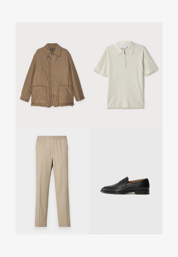 Rudas paminkštintas švarkas su apykakle, priekyje užtrauktuku, dviem didelėmis kišenėmis ir šiek tiek blizgesio. Paprastas dizainas su laisvu siluetu.; Šviesiai bežinis trumpomis rankovėmis polo marškinėliai su užtrauktuku ant apykaklės. Pagaminti iš lygaus audinio, pasižymi paprastu, moderniu dizainu be raštų.; Filippa K TROUSERS - Kelnės - sage melange; Juodas odinis loaferis su apvaliu nosiu, subtiliomis siuvimo detalėmis ir žemu kulnu, pasižymintis lygia tekstūra ir minimalistiniu dizainu.