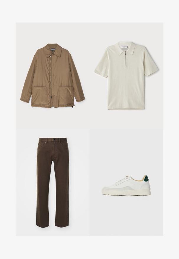 Giacca imbottita marrone con collo, chiusura frontale con zip, due grandi tasche e una leggera lucentezza. Design semplice con vestibilità rilassata.; Polo a maniche corte in beige chiaro con colletto zip. Realizzato in tessuto morbido, presenta un design semplice e moderno, privo di motivi.; Theory VIGGO - Jeans a sigaretta - brown; Sneaker bianco con accenti in camoscio, punta rotonda, lacci piatti e suola in gomma crema. Presenta un marchio verde sul tallone.