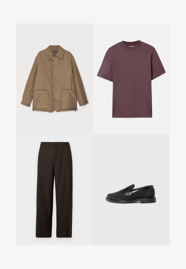 Brun vadderad jacka med krage, framzip, två stora fickor och lätt glans. Enkel design med en avslappnad passform.; Kortärmad t-shirt med rund halsringning i mörk mauve, tillverkad av mjuk bomull. Har minimal branding i matchande färg på framsidan.; Bruna vida byxor i ett slätt tyg, med en platt front utan synliga fickor eller dekorationer.; Svart vävd slip-on sko med en slät läderdetalj på ovansidan, med rund tådesign och en låg gummisula.