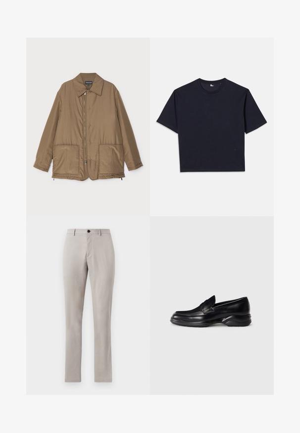 Brun polstret jakke med krave, frontlynlås, to store lommer og let glans. Simpelt design med en afslappet pasform.; Mørkeblå kortærmet t-shirt lavet af bomuld. Har rund hals, afslappet pasform og et lille logodetalje foran.; Lys grå, skræddersyede bukser med en glat tekstur, der har en knaplukning og lige ben. Ingen synlige lommer eller mønstre.; Sorte læder loafers med en lav, tekstureret gummisål og et syet design på overdelen. Har en rund tå og minimale udsmykninger.