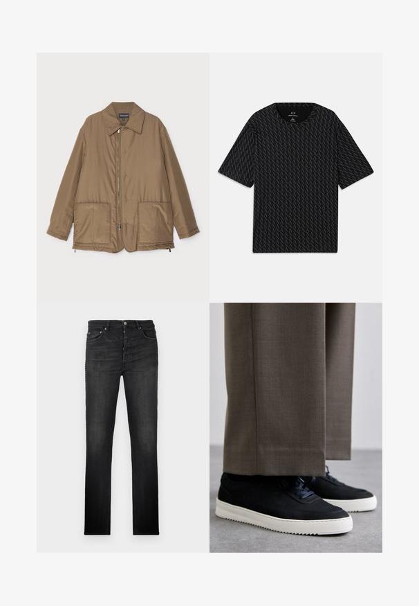 Brūns polsterēts mētelis ar apkakli, priekšpuses rāvējslēdzēja aizdare, divas lielas kabatas un nedaudz spīdīga virsma. Vienkāršs dizains ar brīvu piegriezumu.; Melna t-kreklu ar teksturētu pārveidojumu, kurā mijas 'A' logotipi, īsām piedurknēm un apaļu kakla izgriezumu. Izgatavots no viegla auduma.; Melni džinsi ar taisnu kāju dizainu, pieciem ieliktņiem un metāla furnitūru; gluda tekstūra un minimāla izbalēšanas detaļa.; Melni zamšaini sporta apavi ar baltām gumijas zolēm, ar noapaļotu purngalu un auklām, valkāti ar pelēkiem piegrieztiem biksēm.