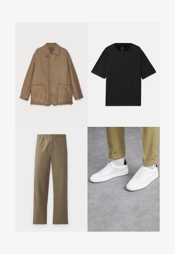 Brązowa pikowana kurtka z kołnierzem, zapinana na zamek z przodu, z dwiema dużymi kieszeniami i lekko błyszczącą powierzchnią. Prosty fason z luźnym krojem.; Czarny T-shirt z fakturowanym wzorem naprzemiennych logo 'A', krótkimi rękawami i okrągłym dekoltem. Wykonany z lekkiego materiału.; Khaki spodnie wykonane z lekkiego materiału. Posiadają elastyczny pasek w talii, zapięcie na guzik, proste nogawki oraz gładką teksturę.; Białe sneakersy z fakturowaną skórzaną wykończeniem, okrągłym noskiem i czarnym akcentem na pięcie. Gumowa podeszwa z małym wzorem bieżnika i przeszyciem.